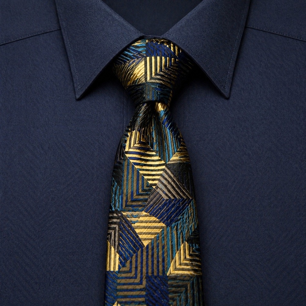 Jhane Barnes Mens Silk Tie Blue Gold Geometric Op Art Made in‎ Japan D-KT 8225